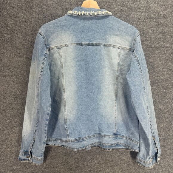 DG2 Jacket Women L Large Blue Denim Light Wash Button Up Collared Long Sleeve - Picture 2 of 9